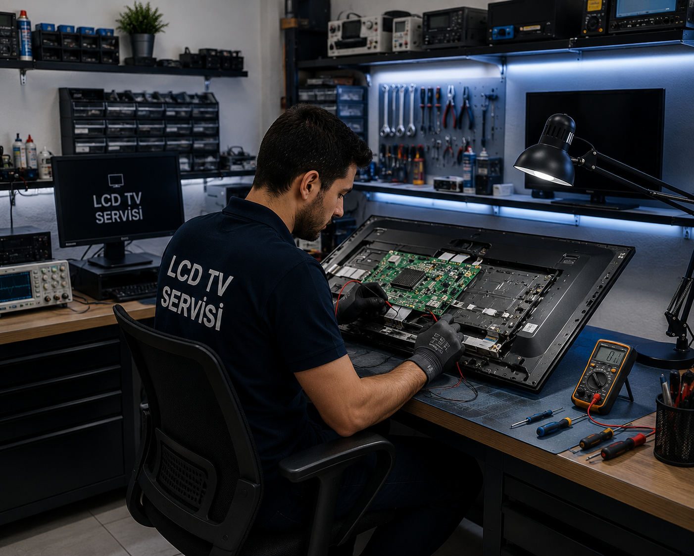 LCD televizyon tamiri yapan teknik servis personeli ve profesyonel servis ekipmanları
